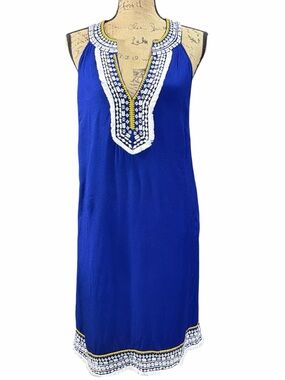 Mud Pie blue sleeveless boho-style shift dress with embroidery EC size large